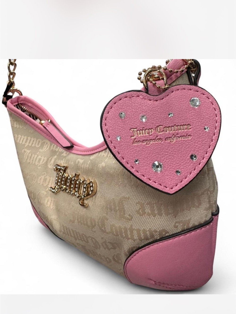 Juicy Couture Beige Logo Mini Shoulder Bag with Pink Trim & Heart Charm
